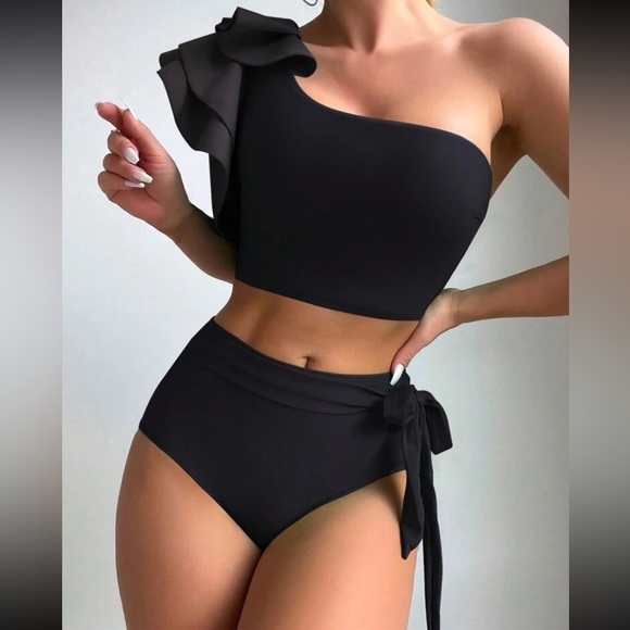 Other - Black Swimsuit Swear wear Ruffle Trim One Shoulder Top High Waist Bottom